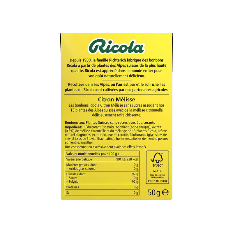 Ricola Bonbons Citron Mélisse sans Sucres Boite de 50