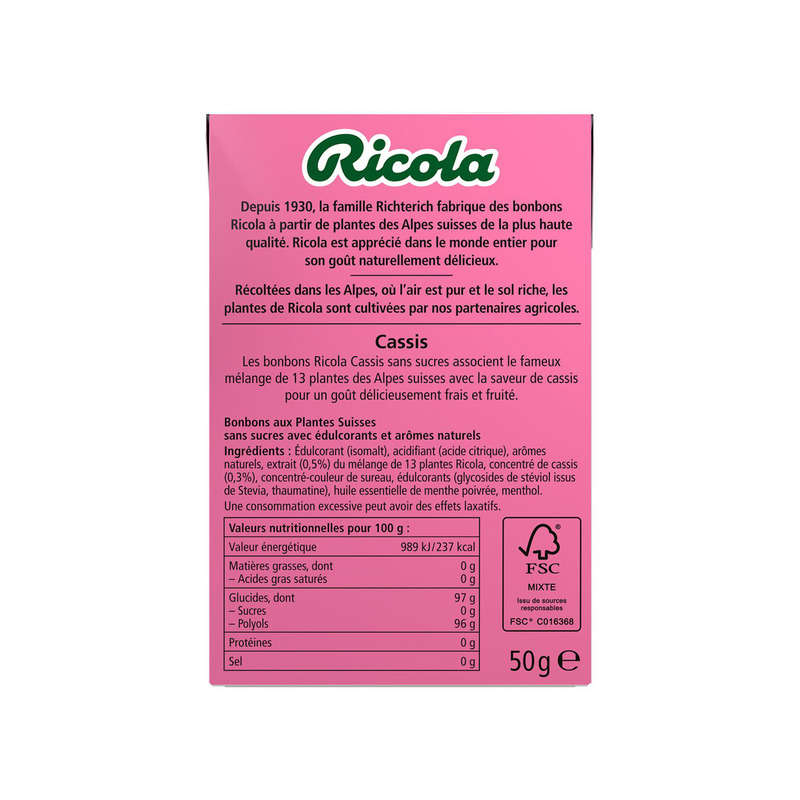 Ricola sans sucres cassis stévia 50g