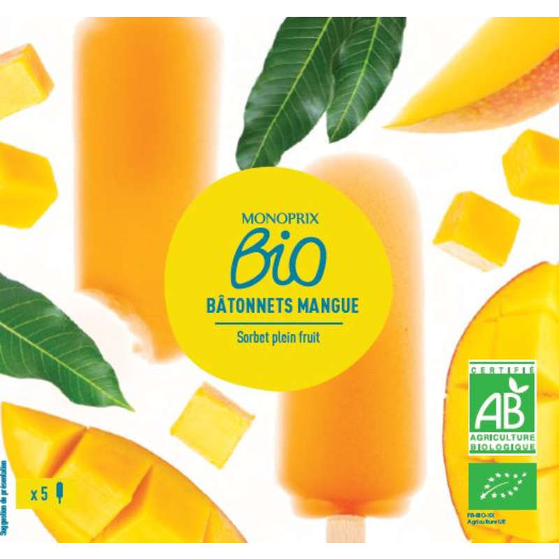 Monoprix Bio 5 Bâtonnets Mangue Sorbet Plein Fruit 300g