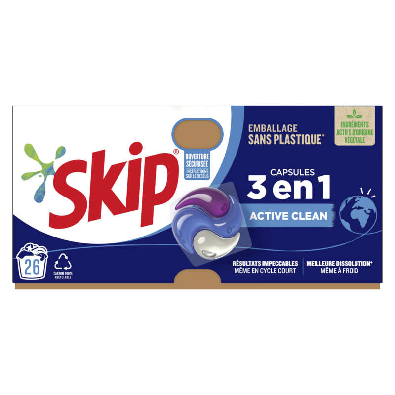 Skip lessive capsule 3 en 1 active clean x26