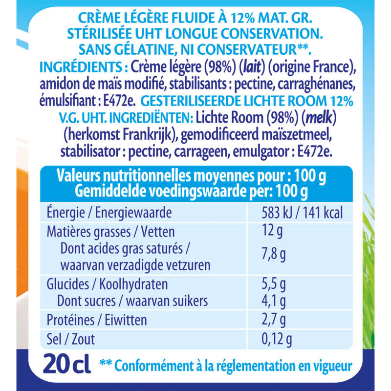 Bridélice crème légère fluide 12% 3x20cl