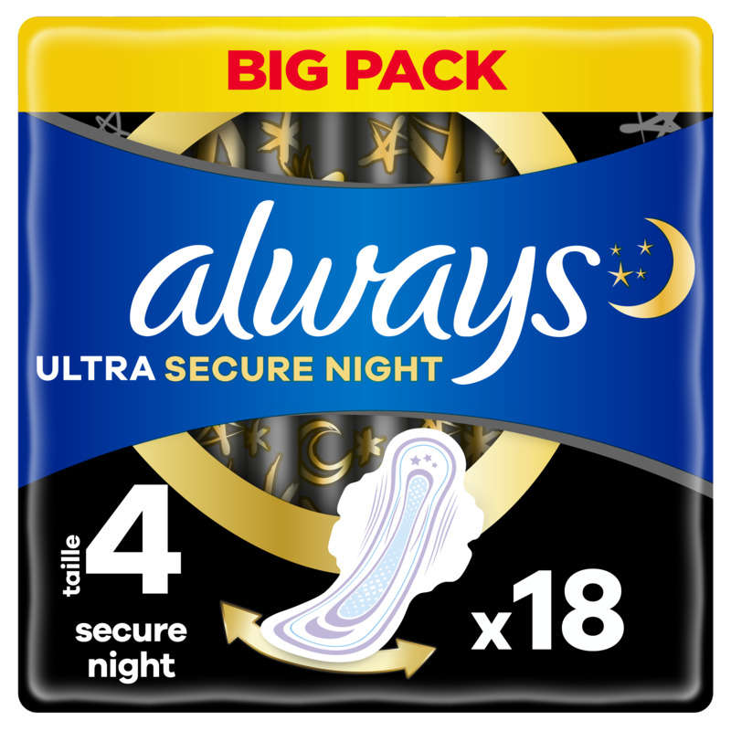 Always ultra secure night towels size 4 wings x18