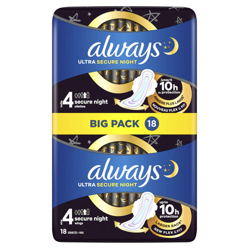 Always ultra secure night towels size 4 wings x18