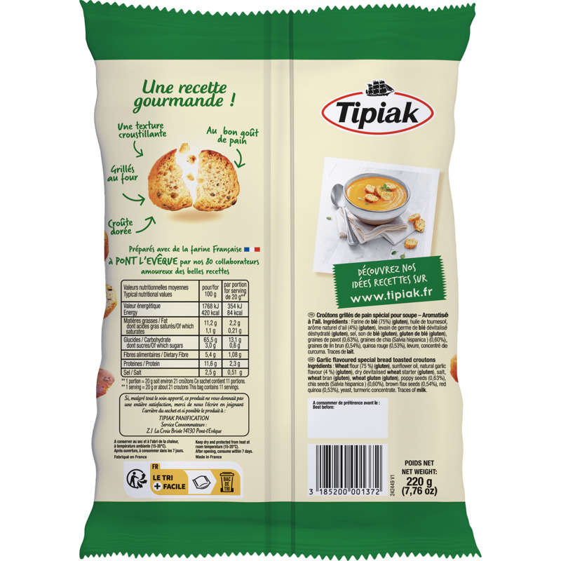 Tipiak Croûtons de Pain Croustillants Ail 220g