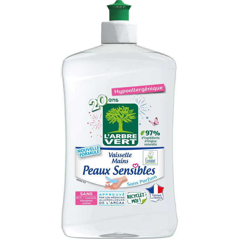 L'Arbre Vert Vaisselle Mains Ecolabel Peaux Sensibles Hypoallergénique 500ml