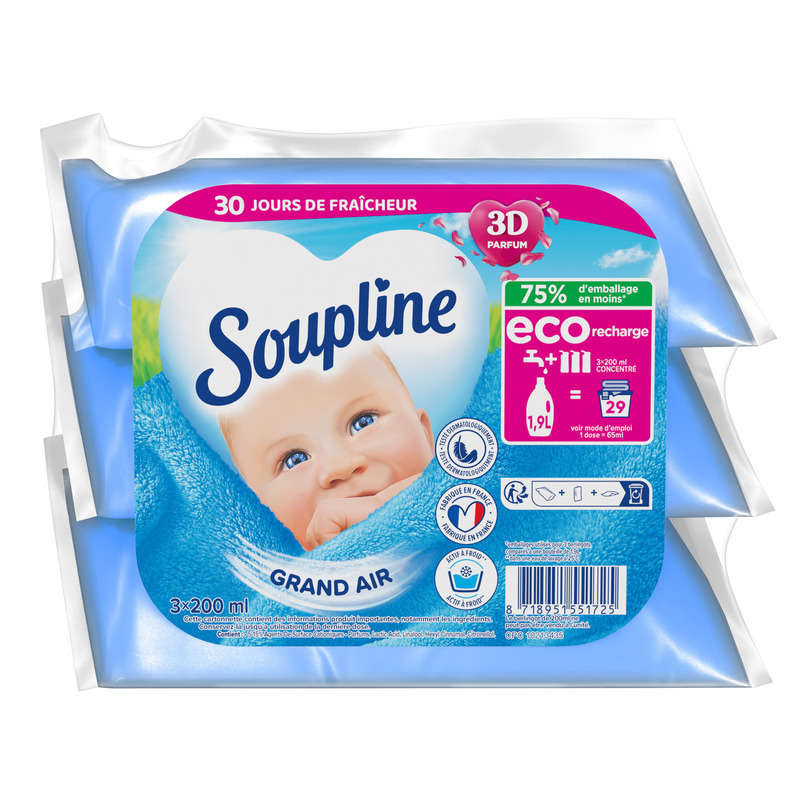 Soupline Concentrated Fabric Softener 3D Grand Air Eco Refills 3x200ml