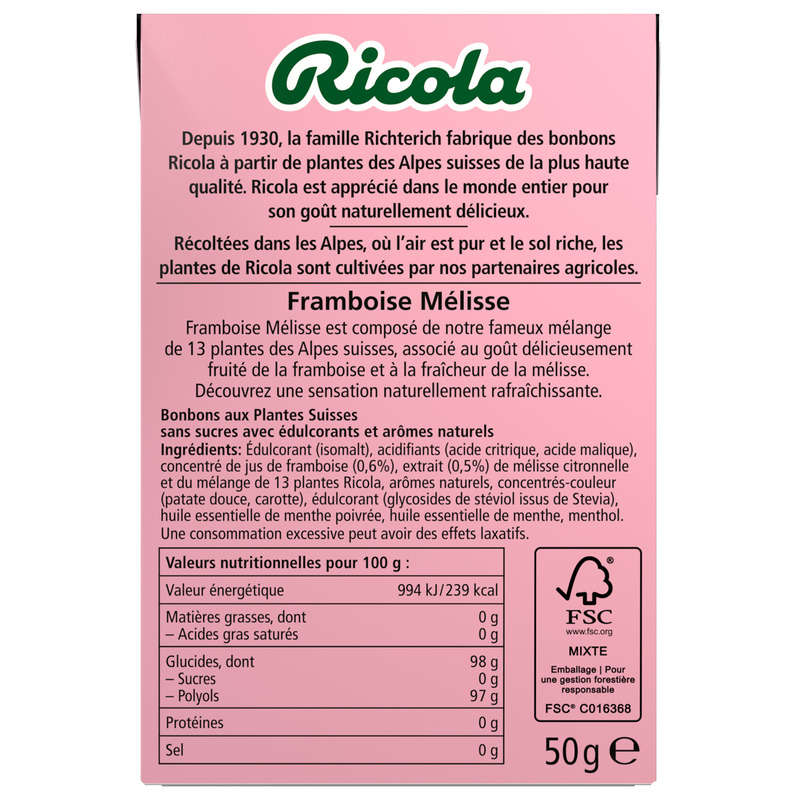 Ricola Plantes des Alpes Suisses sans Sucres Framboise Mélisse 50g