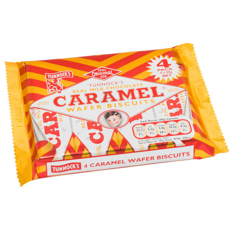 TUNNOCK'S GAUFRETTES FOURREES CARAMEL ENROBEES CHOC LAIT