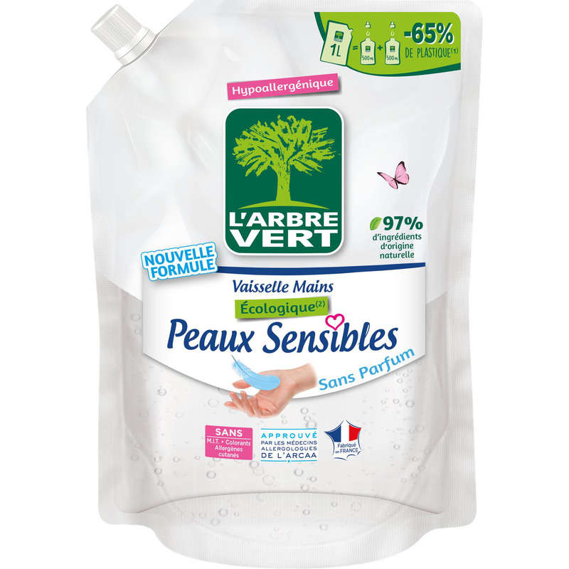 L'Arbre Vert Hand Dishwashing Refill for Sensitive Skin - Ecological - Hypoallergenic - 97% ingredients of natural origin - 1L