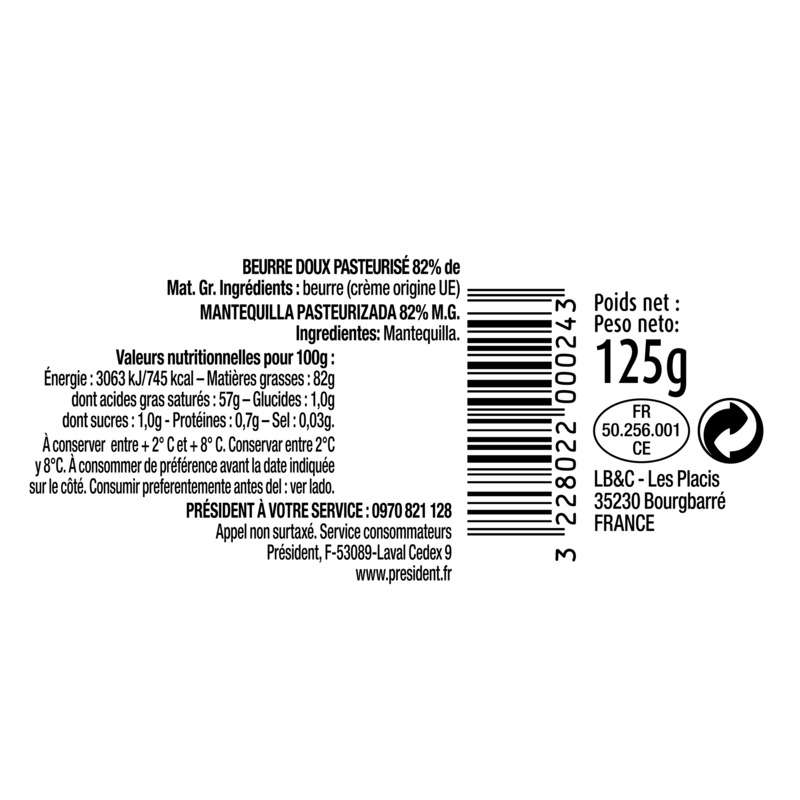 Président Beurre Tendre Doux Beurrier 125g