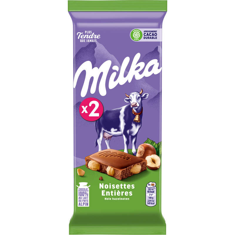 Milka Tablette Chocolat au Lait et aux Noisettes Entières 2x100g