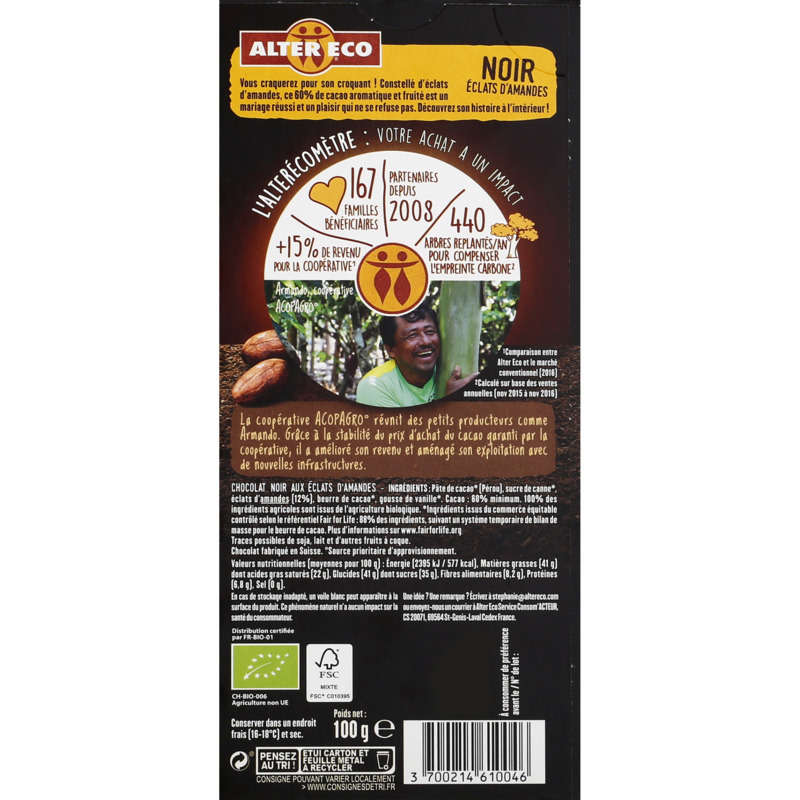 Alter Eco Chocolat Noir Du Pérou Aux Éclats D'Amandes, Bio 100G