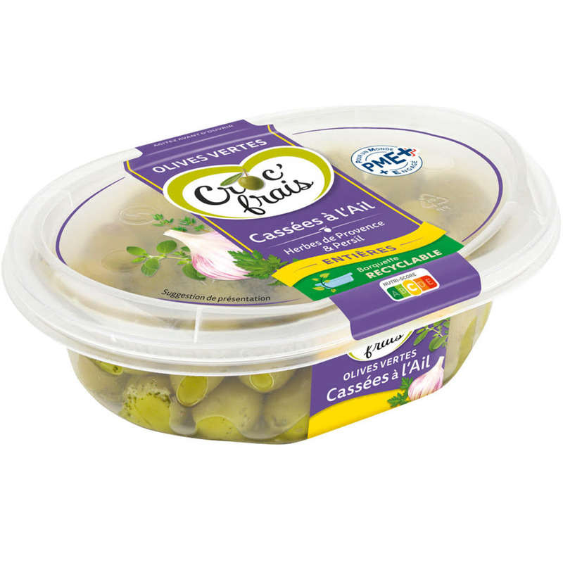 Croc'Frais Olives Vertes Entières Cassées à l'ail 250g