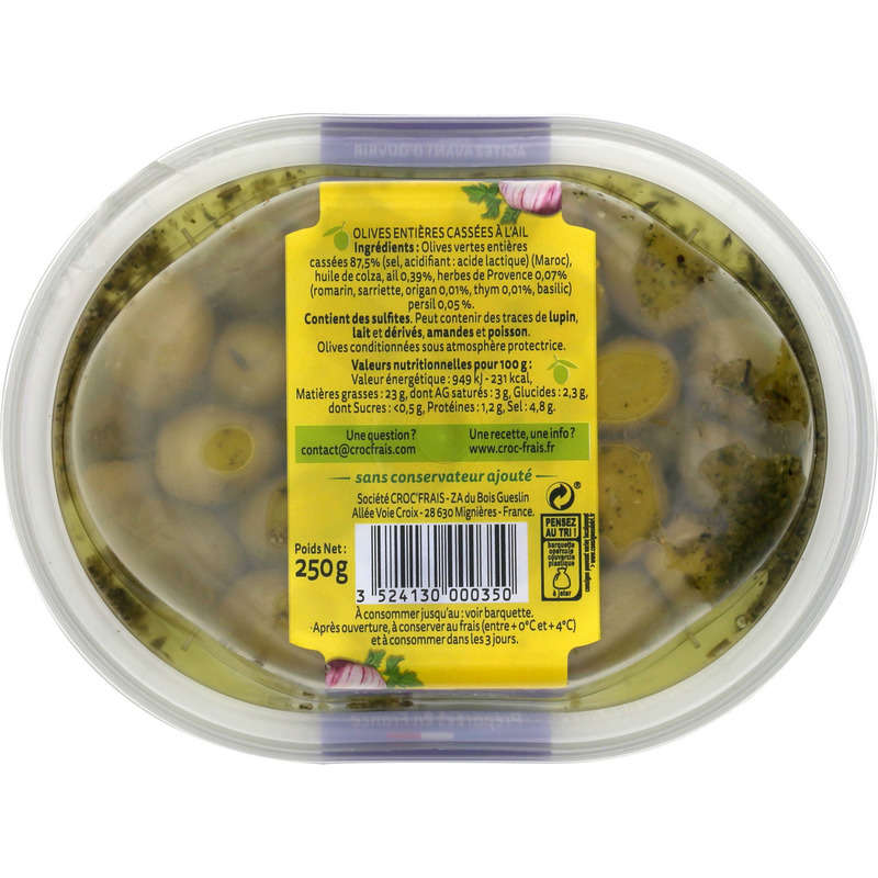 Croc'Frais Olives Vertes Entières Cassées à l'ail 250g