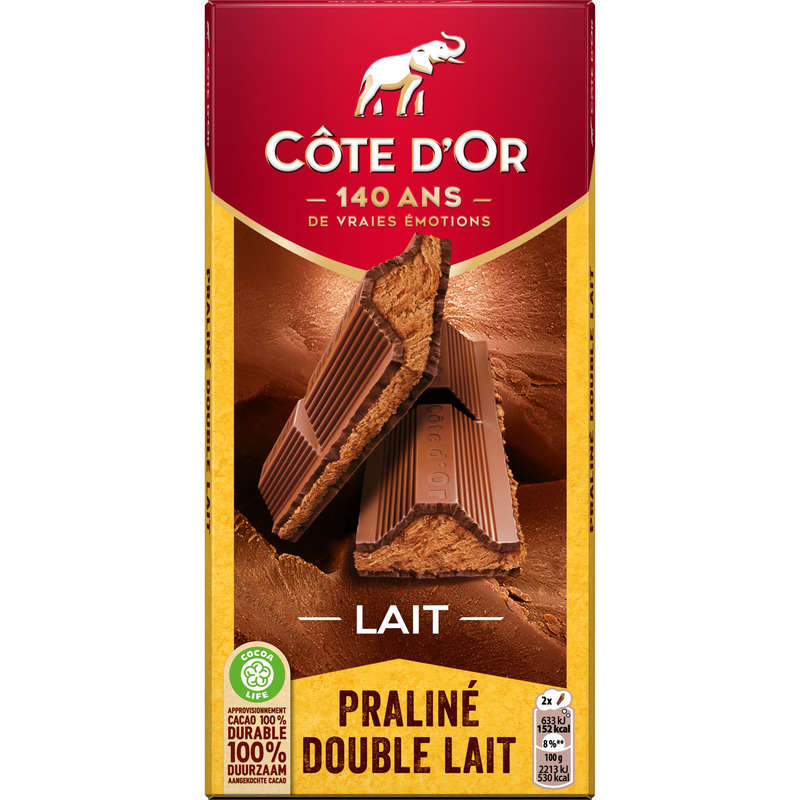 Côte d'Or Tablette Chocolat au Lait fourré Praliné et Double Lait 200g