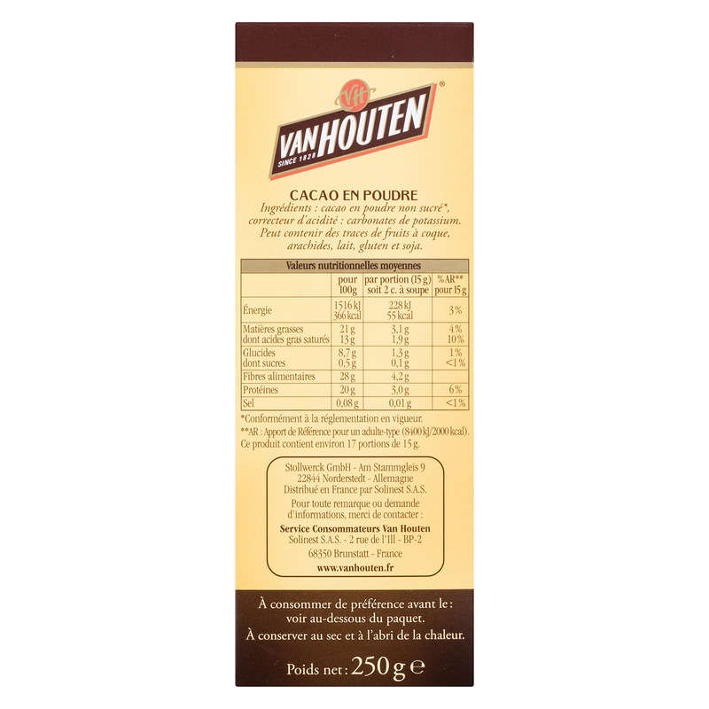 Vanhouten Cacao En Poudre Non Sucré Pour Pâtisseries & Boissons 250G